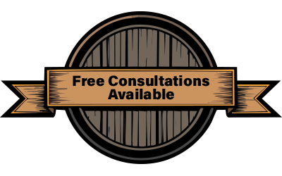 Free consultations available for custom deck installation services at Serenity Construction Ltd., featuring a wooden barrel design with a banner.