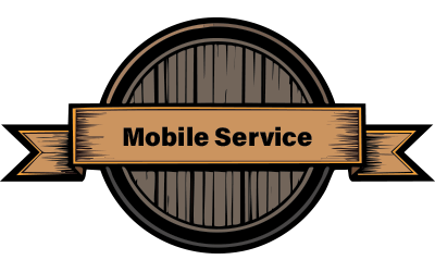 Mobile service logo featuring a wooden barrel design with the text "Mobile Service" on a ribbon, symbolizing deck installation and related construction services offered by Serenity Construction Ltd.