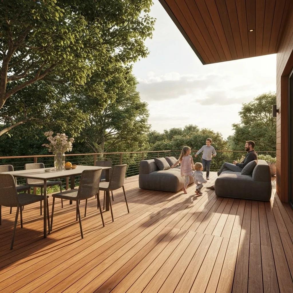 A family enjoying a custom-designed deck that significantly boosts property value and outdoor enjoyment