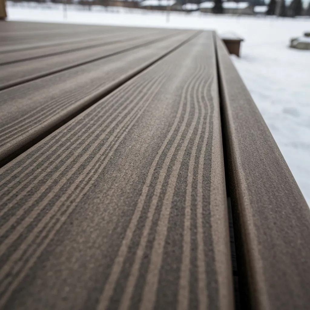Detailed view of composite decking boards, showcasing their texture and robust nature against Calgary's climate