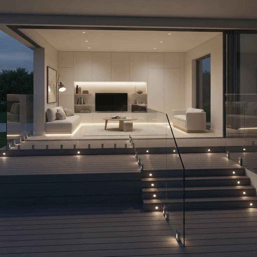 Integrated deck lighting with LED fixtures enhancing safety and ambiance on an outdoor deck