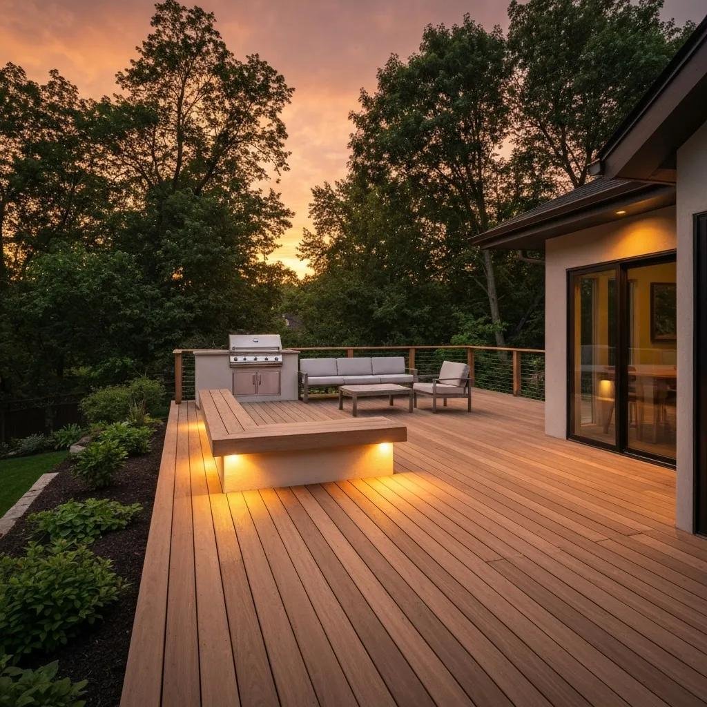 Custom deck in Calgary featuring innovative design elements like ambient lighting and built-in seating