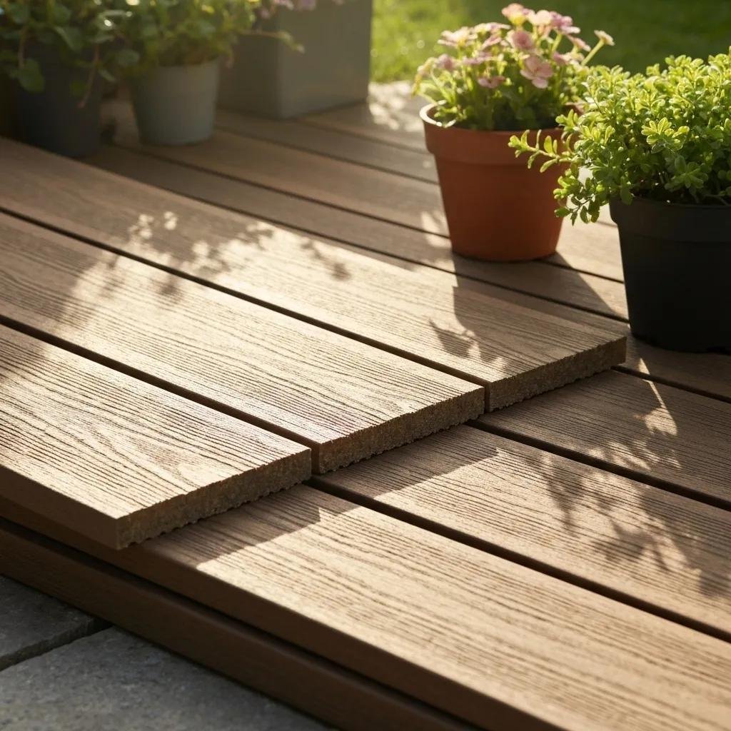 A detailed view of composite decking, highlighting its texture and colour, set against an outdoor backdrop