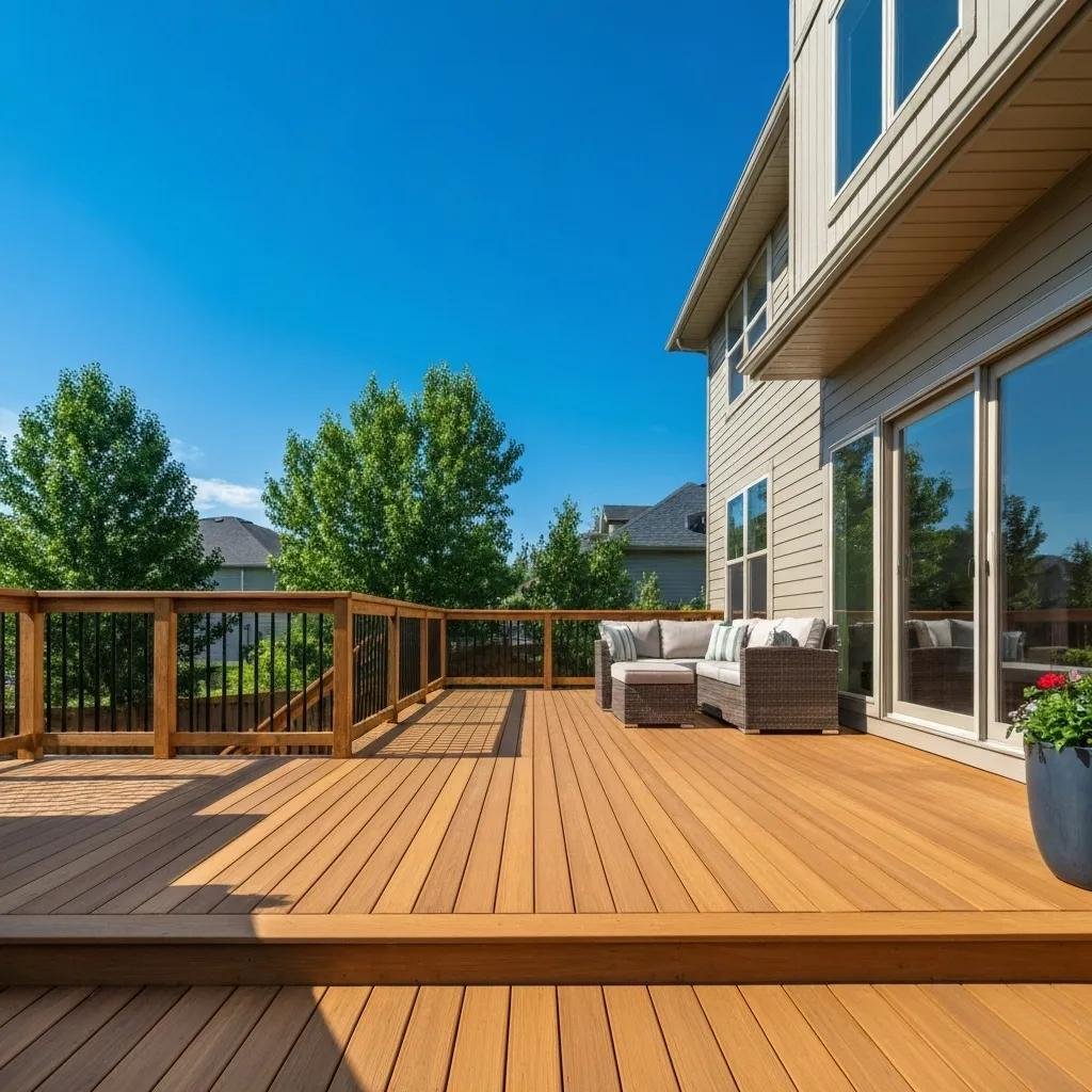 Calgary deck showcasing composite, wood, and PVC materials in a sunny outdoor setting