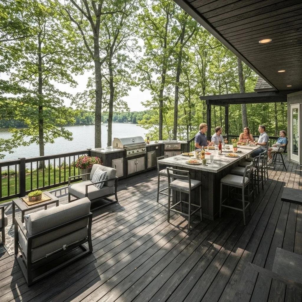 Outdoor kitchen on a custom deck with built-in grill and seating, enhancing entertaining options