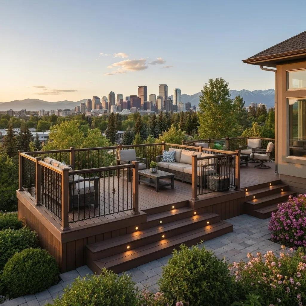 Artfully designed multi-level composite deck with integrated amenities in a contemporary Calgary residence