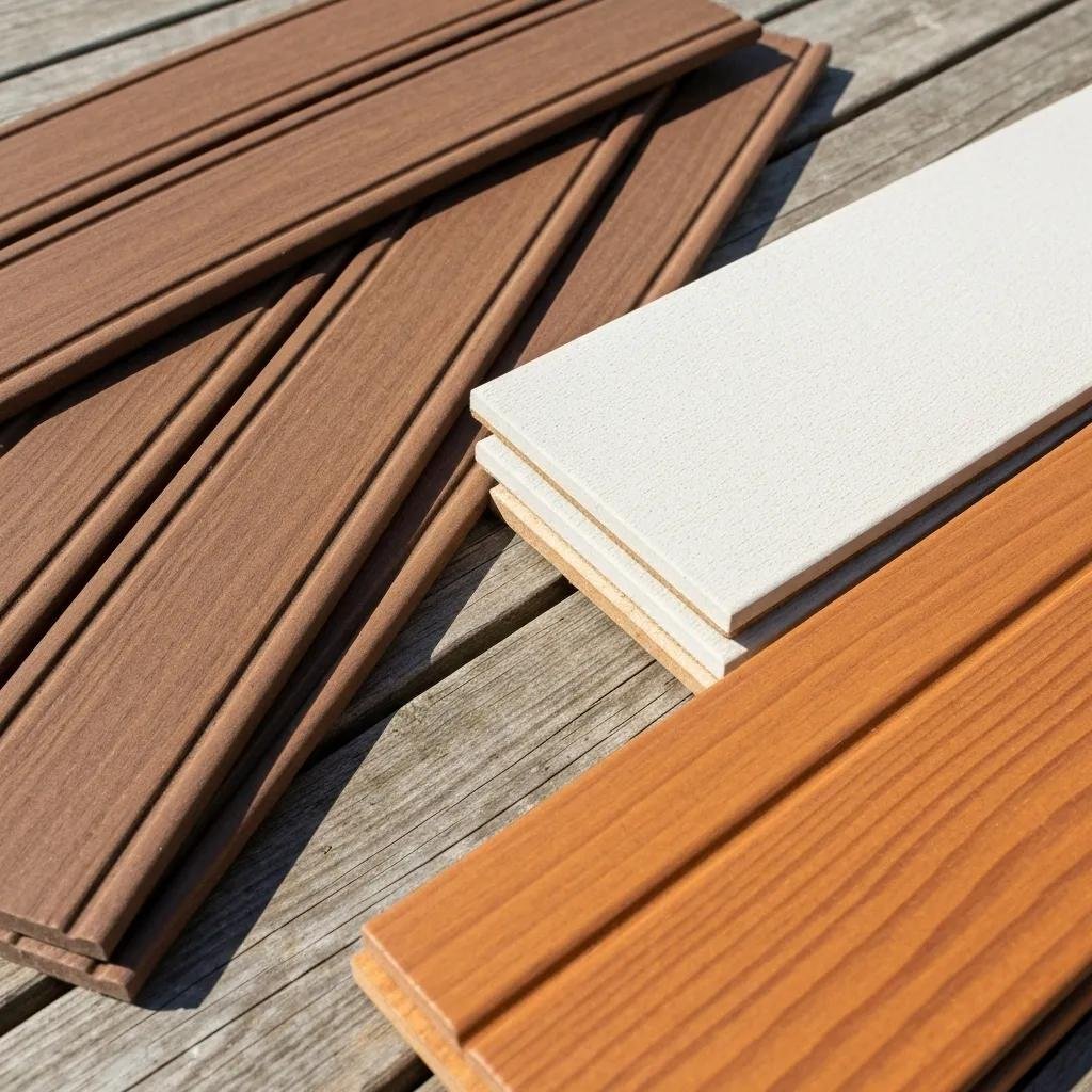 Samples of composite, wood, and PVC decking materials showcasing textures and colors