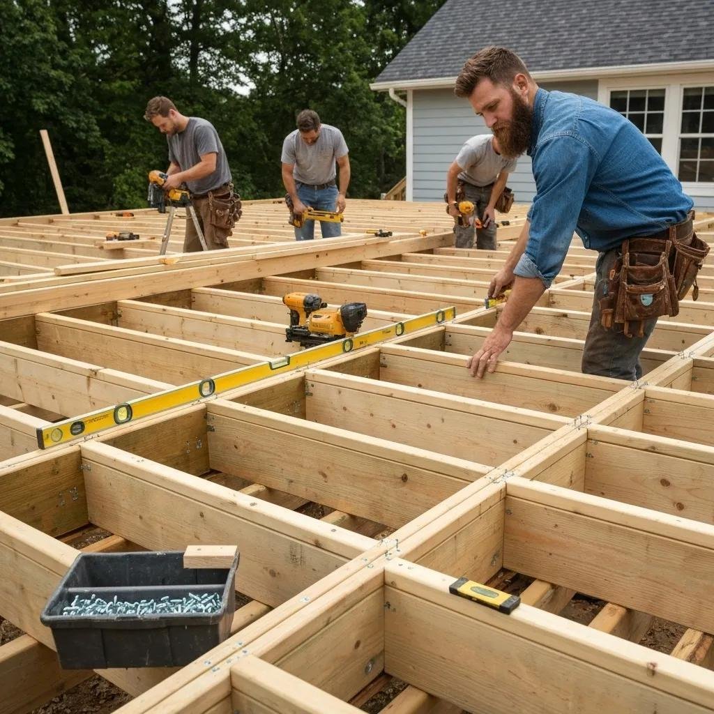 A homeowner actively discussing 3D design renderings with a deck builder, collaborating on the project's vision.