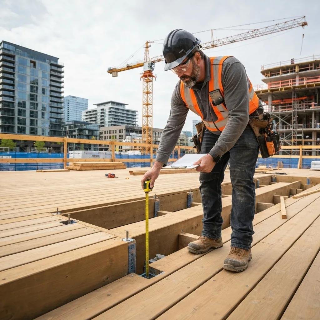 Certified deck contractor meticulously checking structural integrity for safety compliance in Calgary