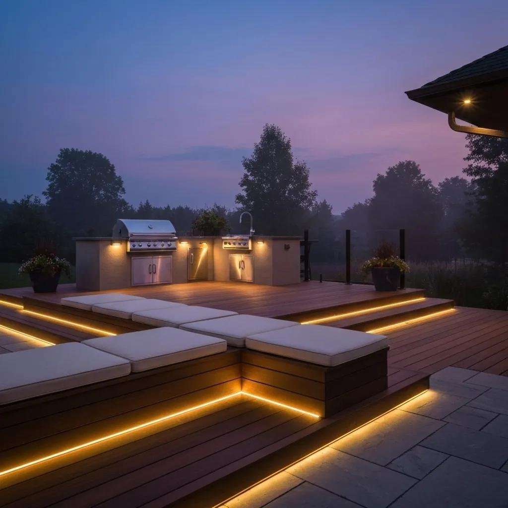Outdoor living space with custom deck featuring built-in seating, outdoor kitchen, and decorative lighting