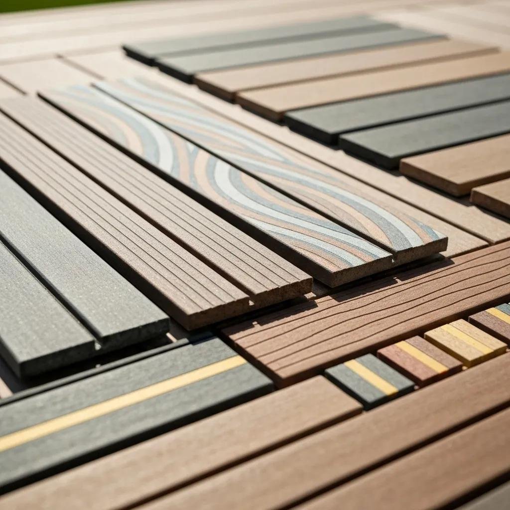 A curated selection of composite decking samples showcasing diverse textures and color options