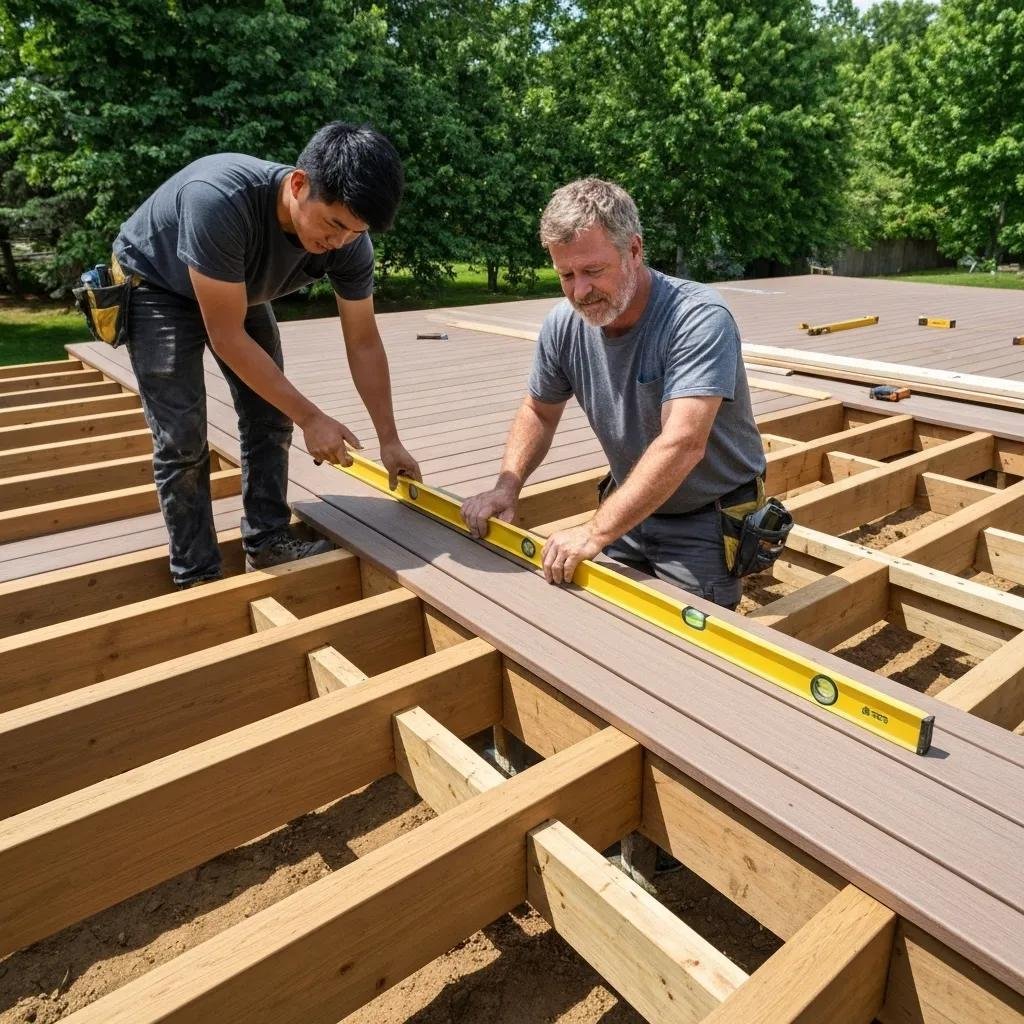 Skilled construction crew meticulously installing a composite deck in Calgary, demonstrating expert craftsmanship