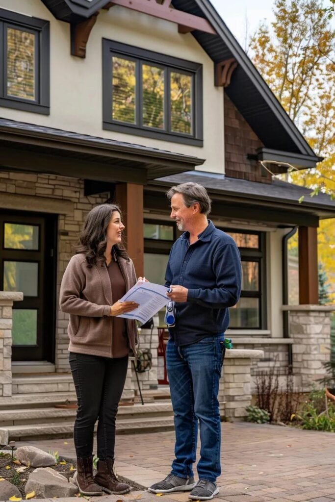 Calgary exterior renovation contractor consulting with homeowner
