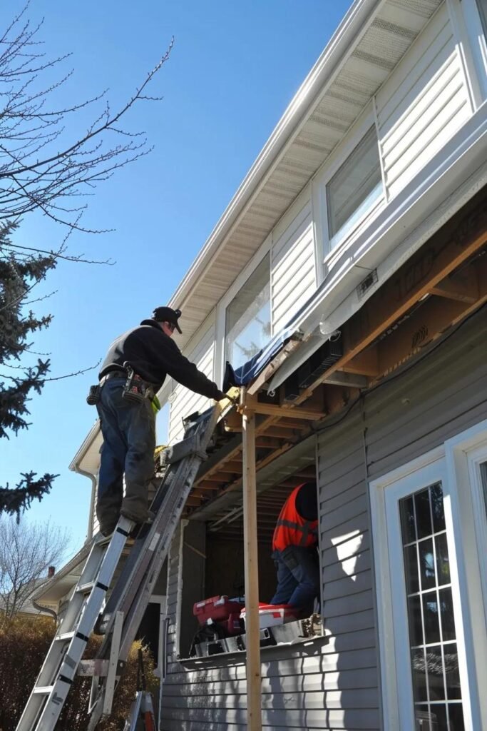 Calgary home exterior renovation: crew working on siding and deck