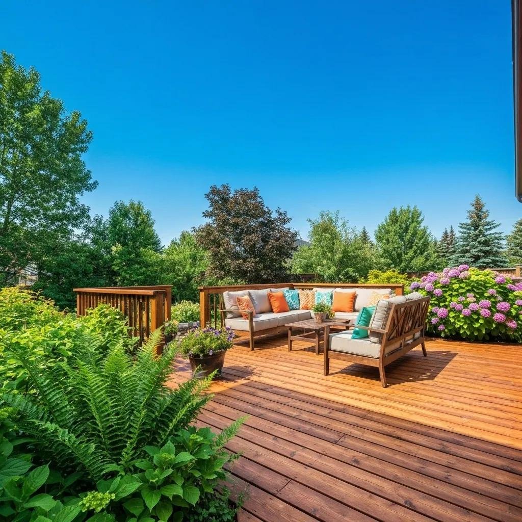 Modern Calgary deck with vibrant greenery, showcasing expert design