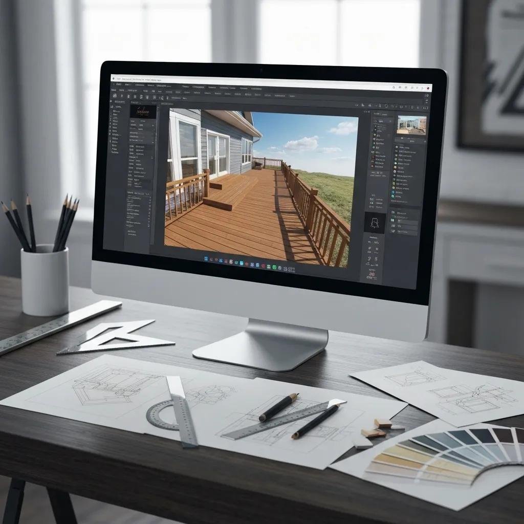 Realistic 3D rendering of a modern deck design displayed on a computer screen