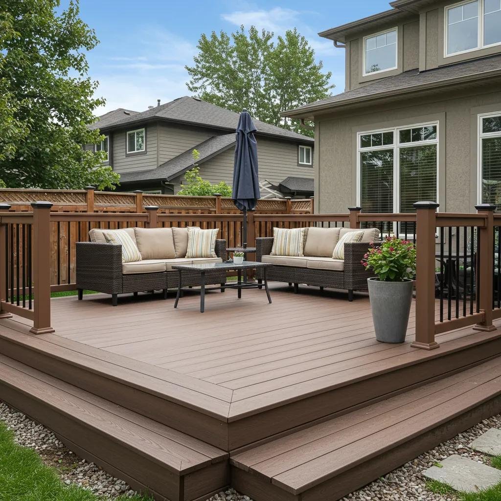 Beautifully constructed deck in a Calgary backyard with stylish furniture and greenery