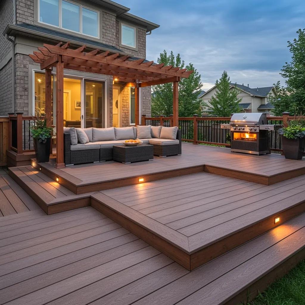 Beautifully constructed deck in Calgary backyard showcasing composite and wooden materials