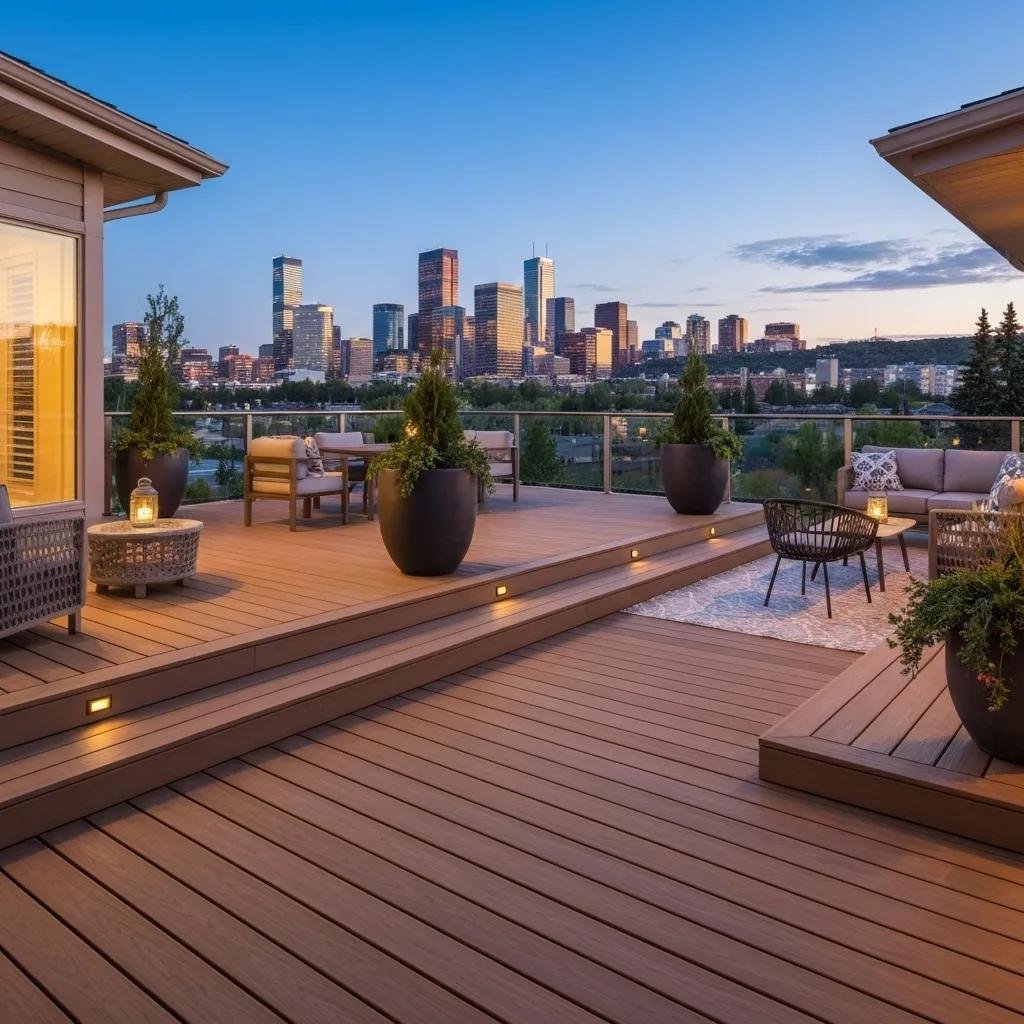 Beautiful composite deck in Calgary with outdoor furniture and skyline view