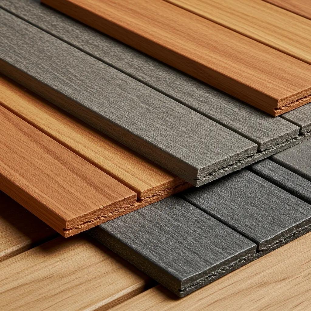Close-up of cedar wood, composite, and PVC deck materials showcasing textures and colors