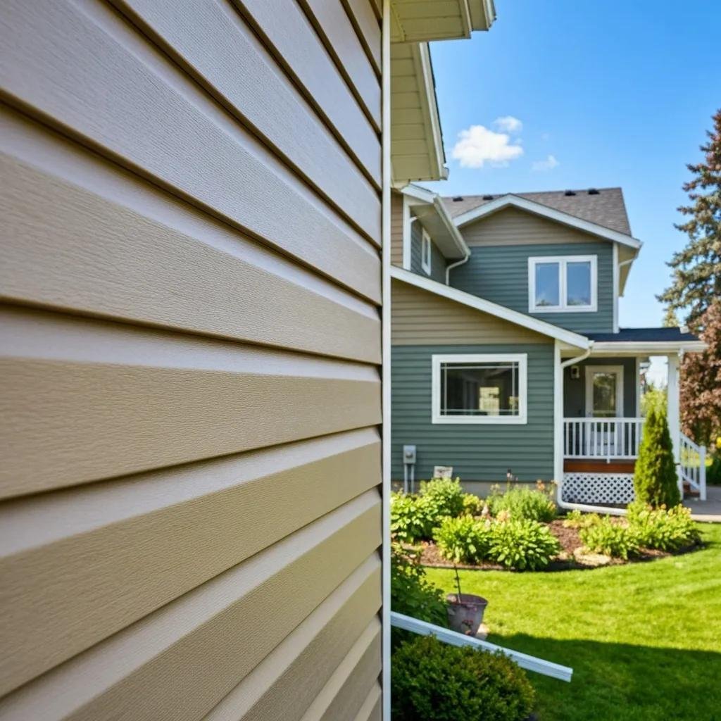 Close view of insulated vinyl siding on a Calgary house showing texture and colour