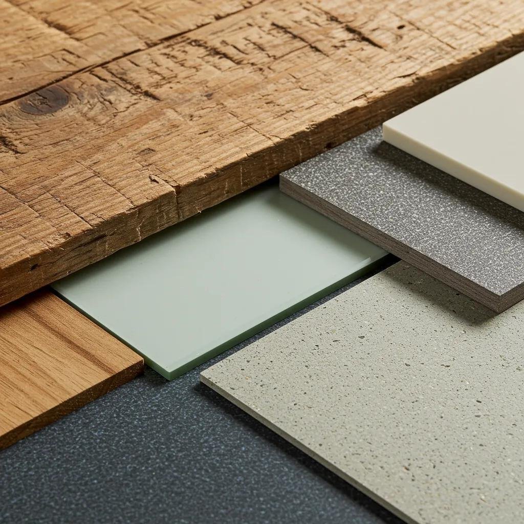 Detailed view of sustainable renovation materials, including reclaimed wood and countertops made from recycled glass