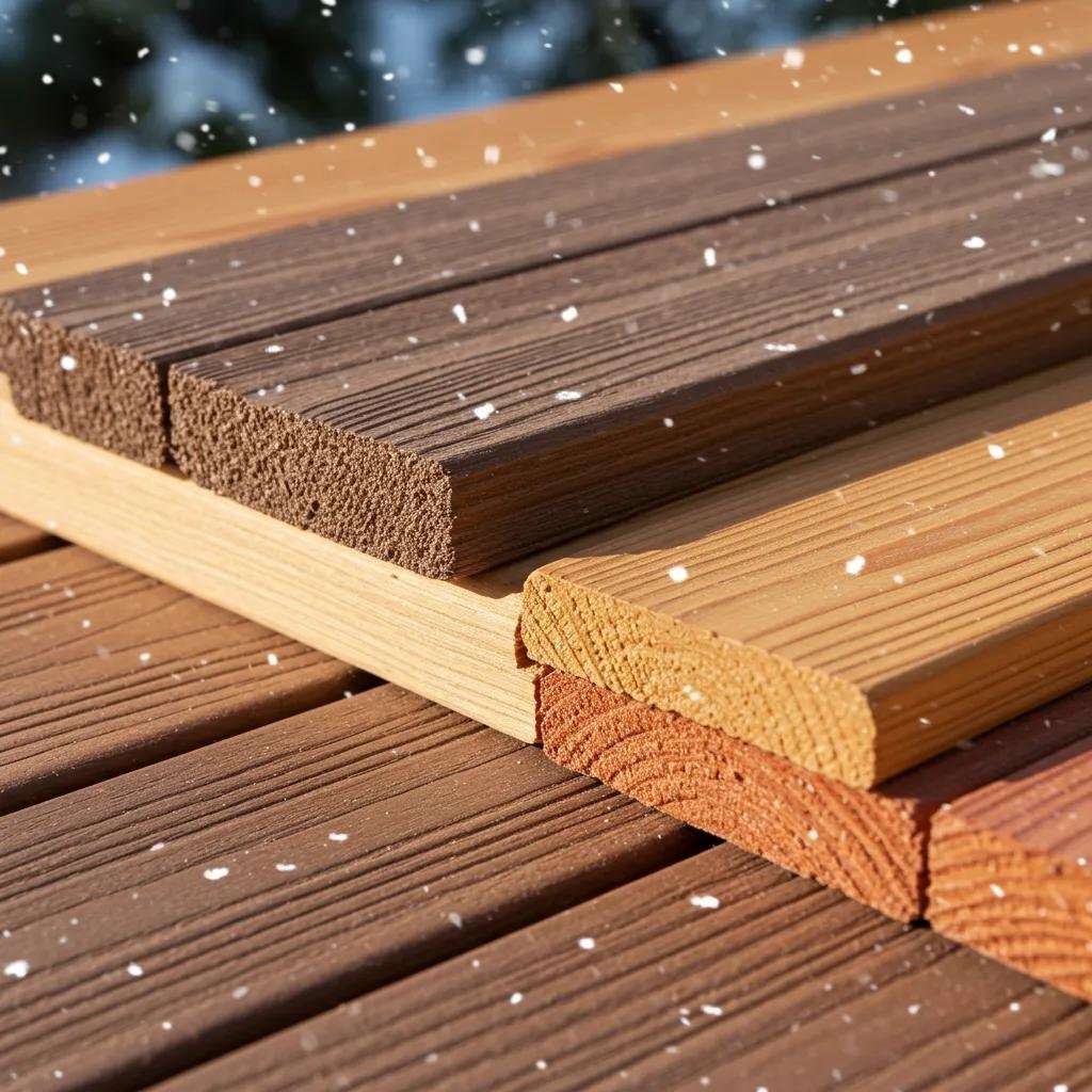 A close-up view of various high-performance decking materials, perfect for Calgary's diverse weather, showcasing their unique textures and rich colours