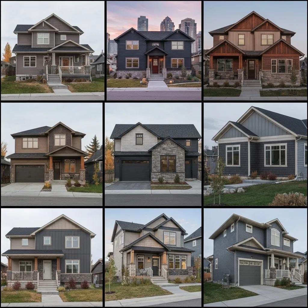 Collage showing Calgary siding trends: mixed materials, textured panels and modern palettes