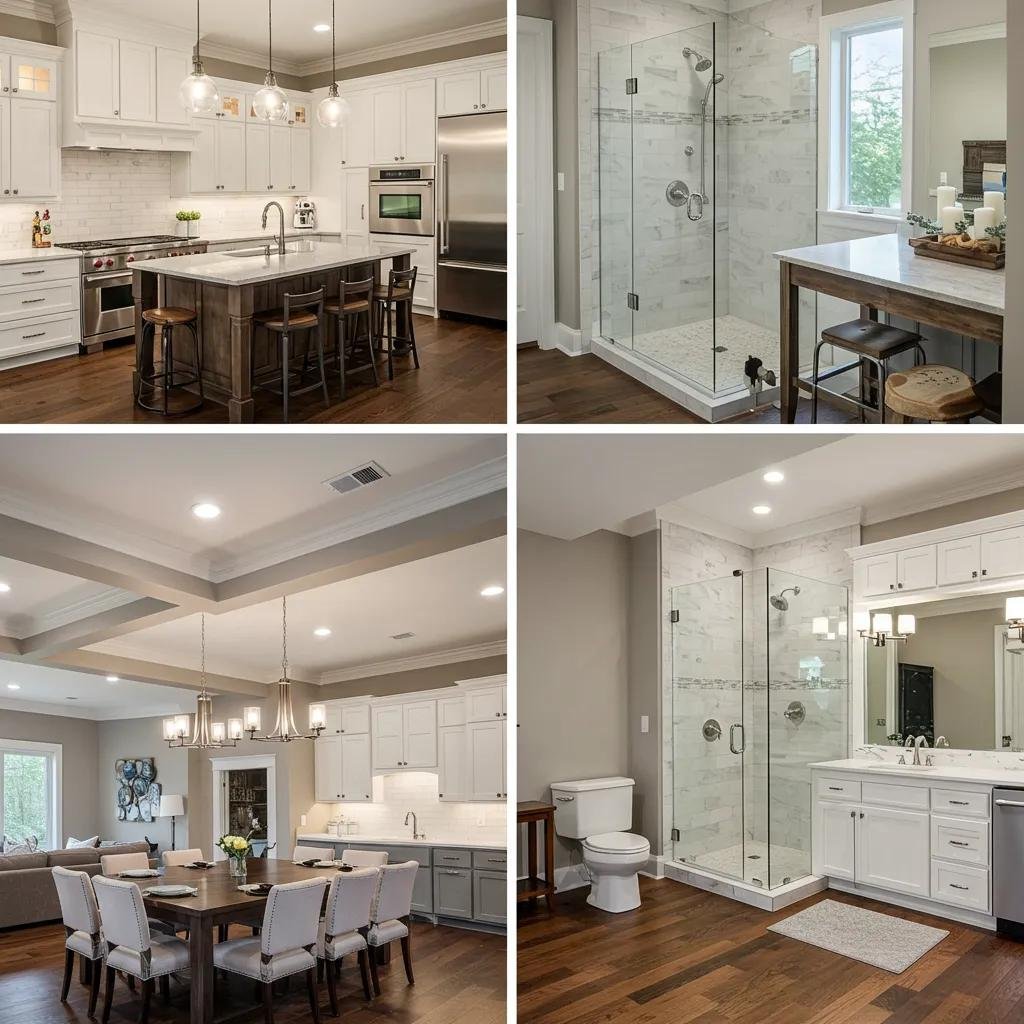 Examples of popular interior renovations in Calgary: a modern kitchen, a spa-like bathroom, and a finished basement