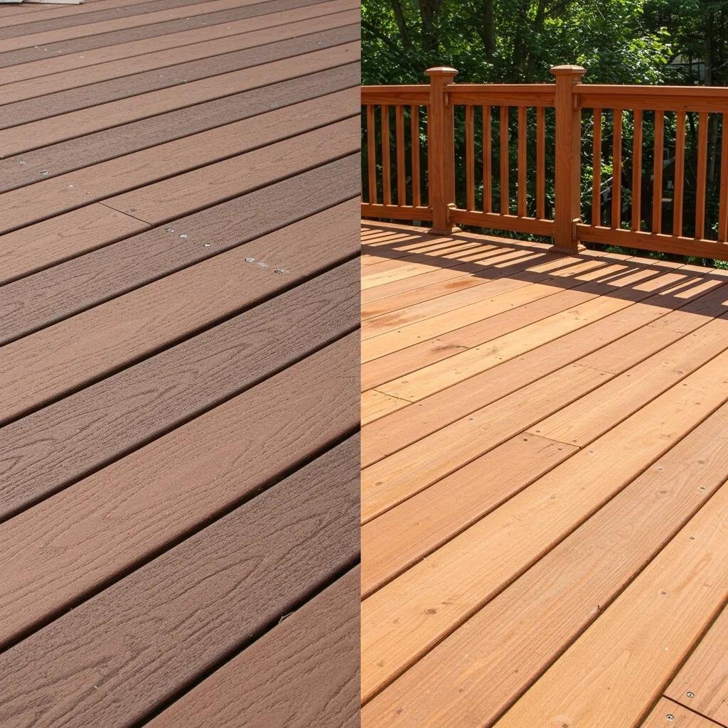 A visual comparison of composite and wood decking materials in a beautiful Calgary backyard setting