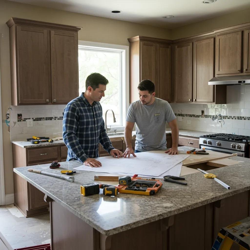 Contractor and homeowner reviewing kitchen renovation plans, with materials and tools visible