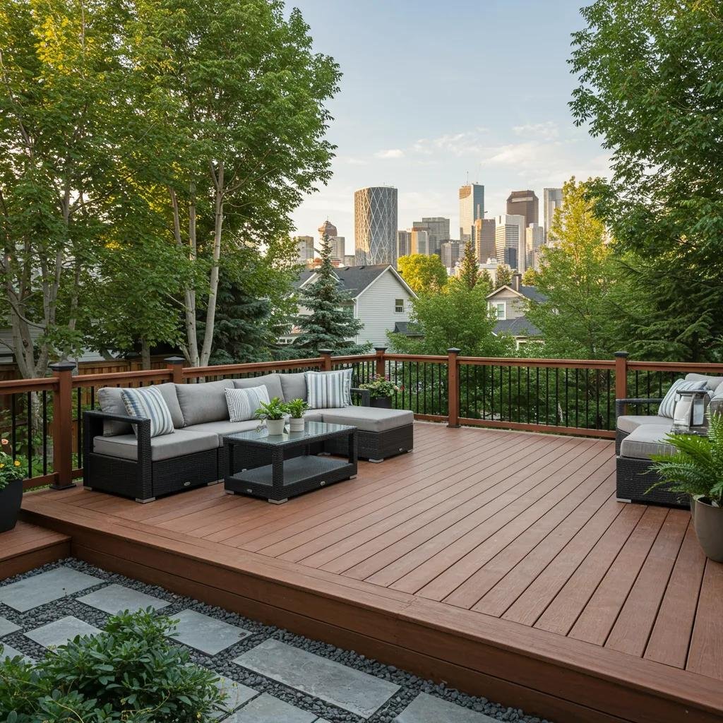 Custom deck in Calgary backyard with modern furniture and skyline view