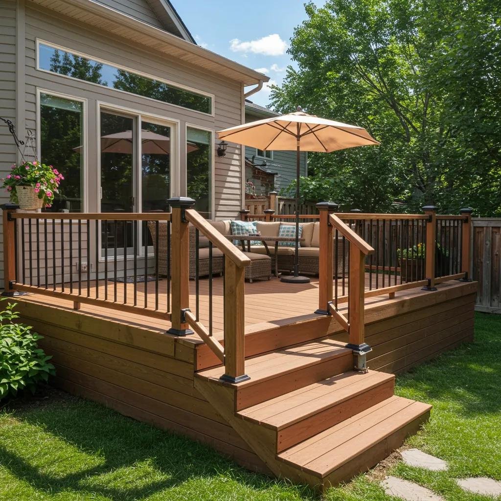 Custom deck in Calgary backyard with wood and composite materials, showcasing outdoor living space