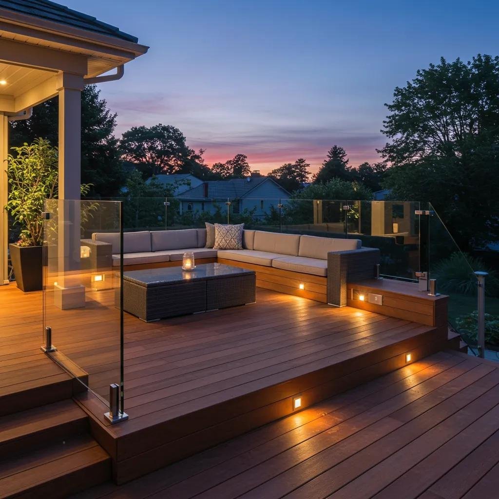 Custom deck with glass railings, built-in seating, and integrated lighting at twilight