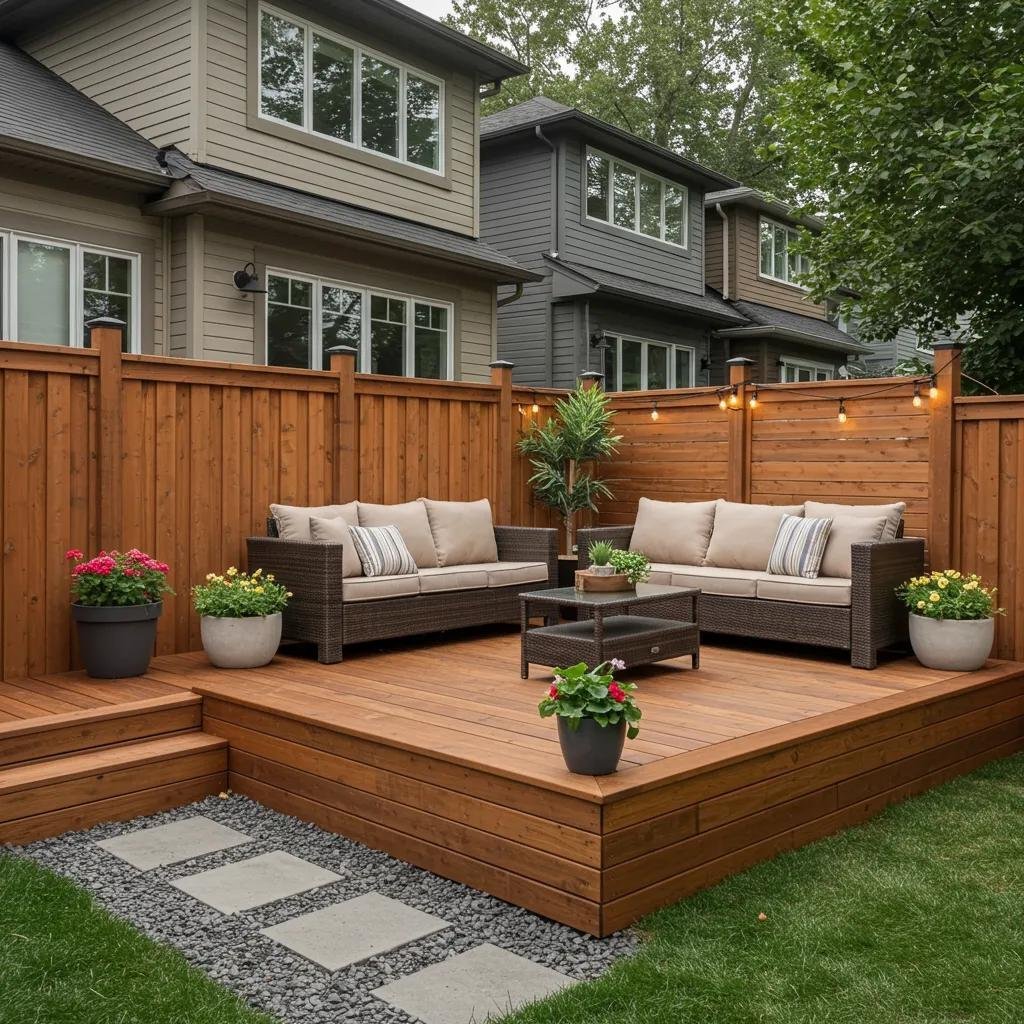 Custom wood deck and elegant fence enhancing outdoor living space in Calgary