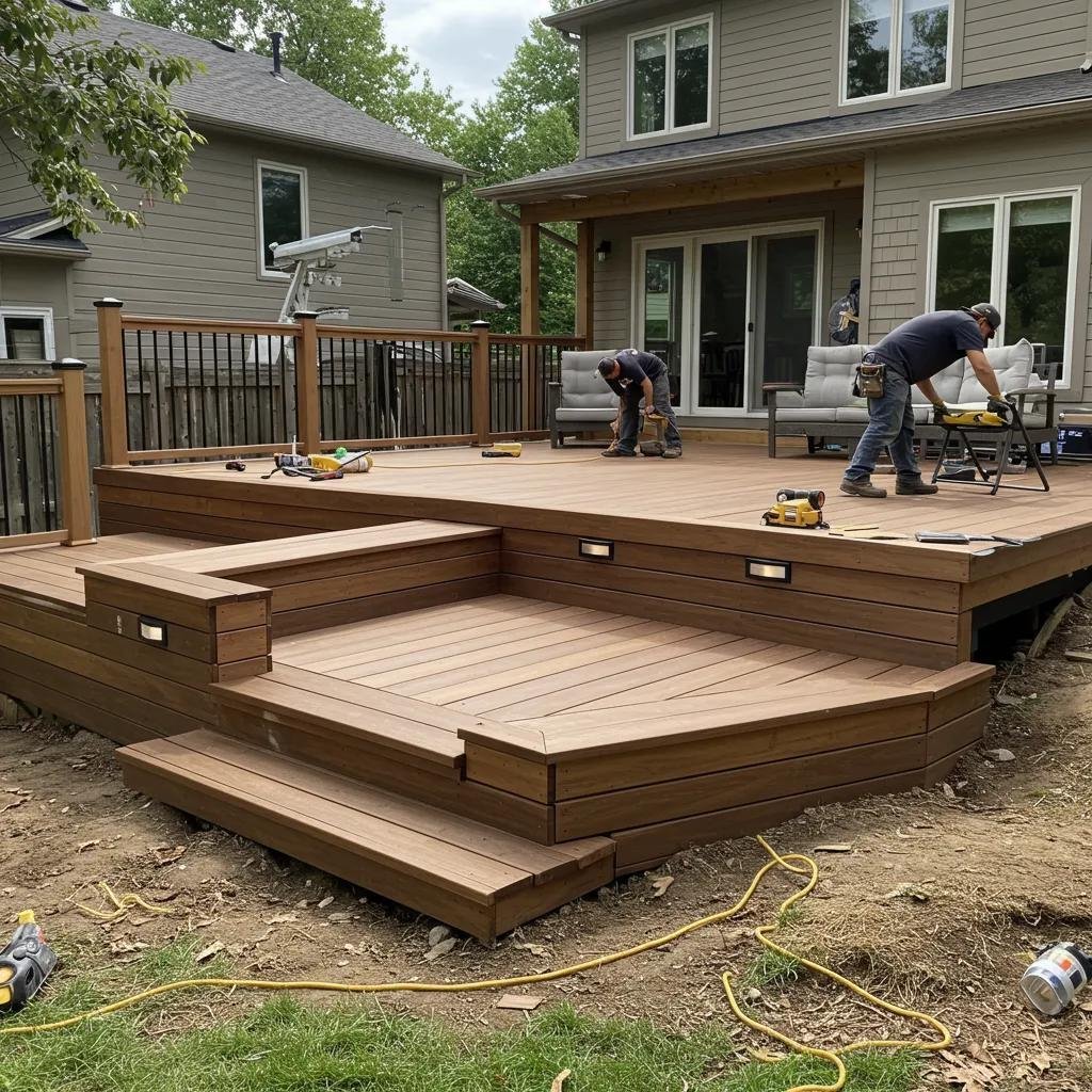 A skilled deck builder showcasing custom design elements like integrated seating and elegant lighting solutions