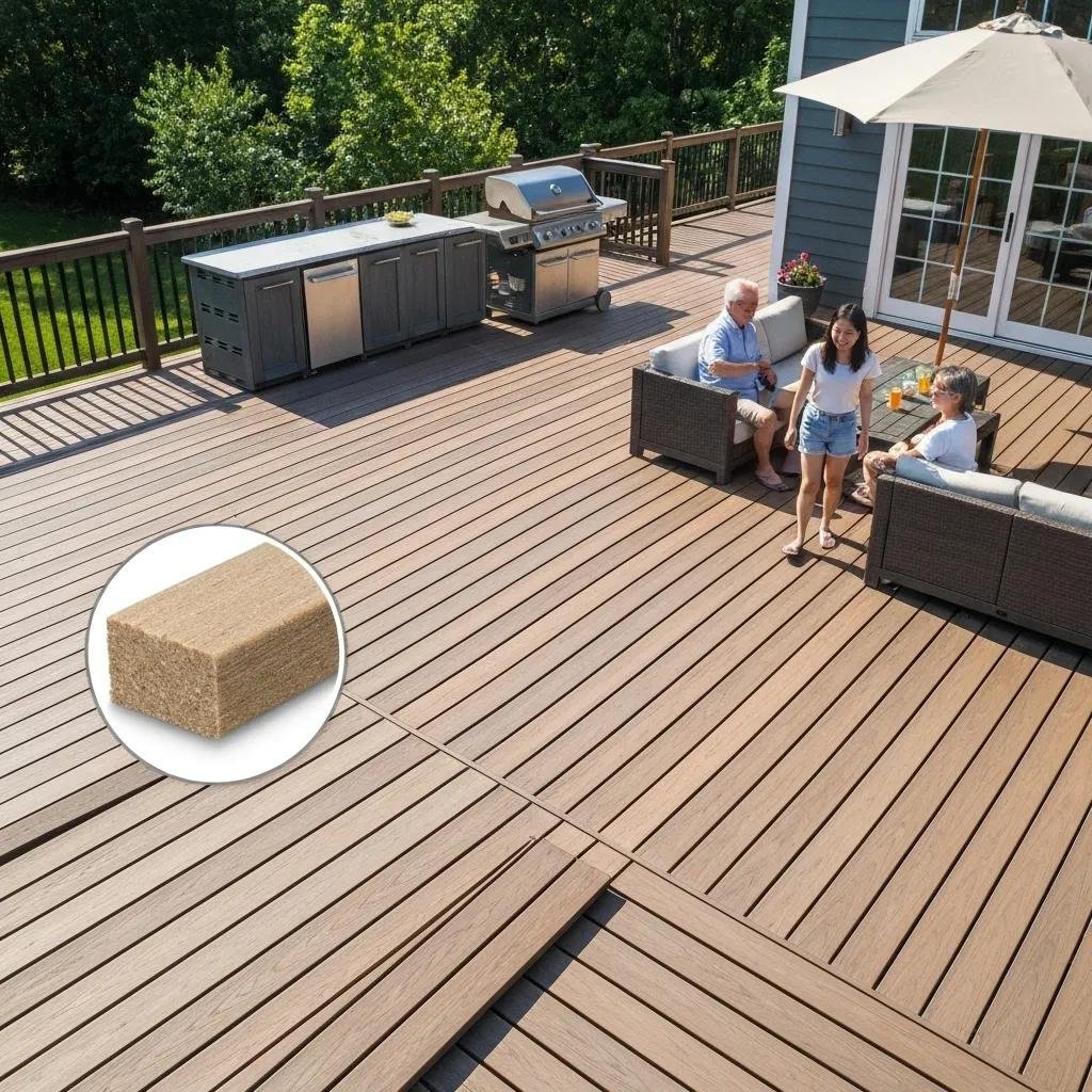 Fiberon composite decking installed on a deck, highlighting its durability and contribution to an enjoyable outdoor lifestyle