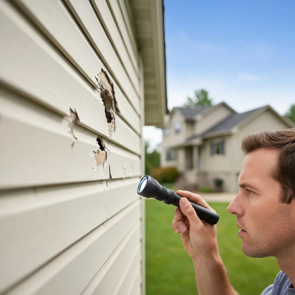 Homeowner checking siding for cracks and gaps that suggest replacement