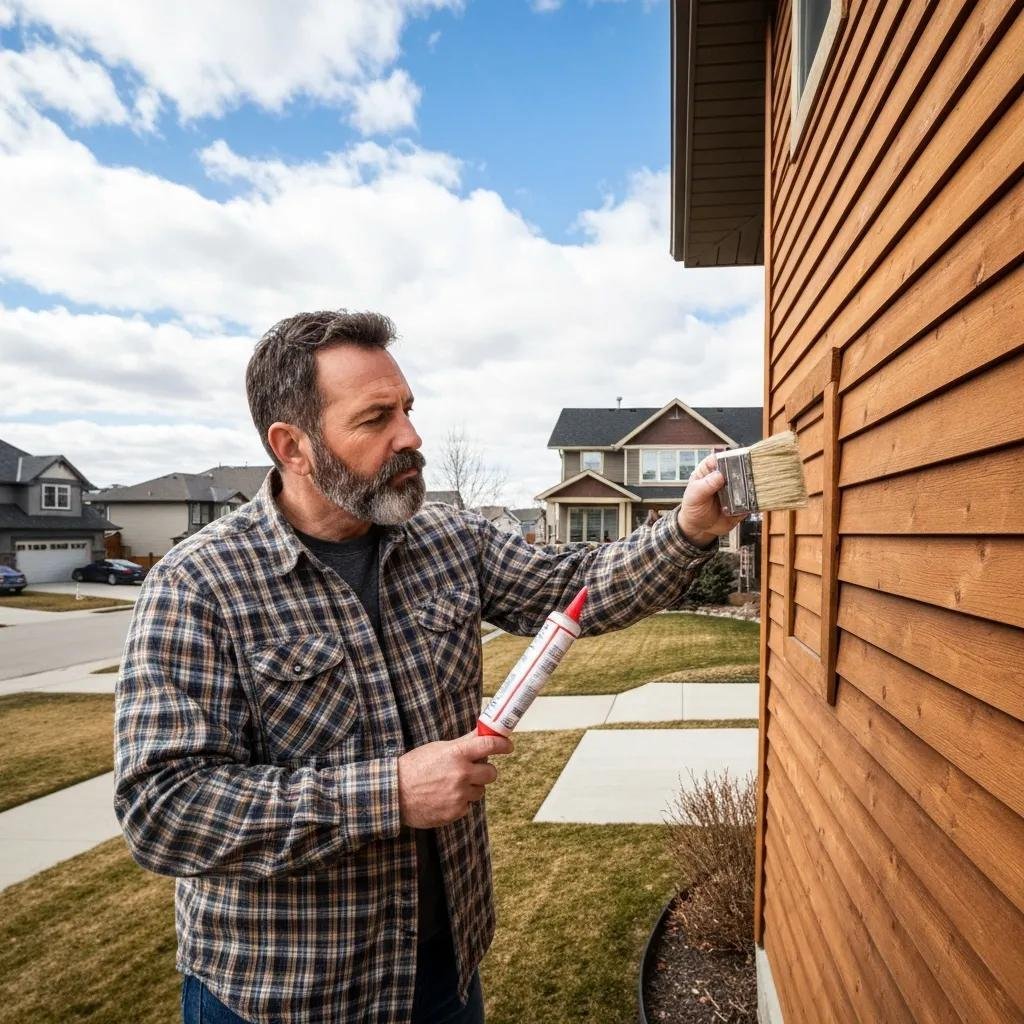 Homeowner inspecting wood siding with tools, highlighting the routine maintenance required in Calgary's climate