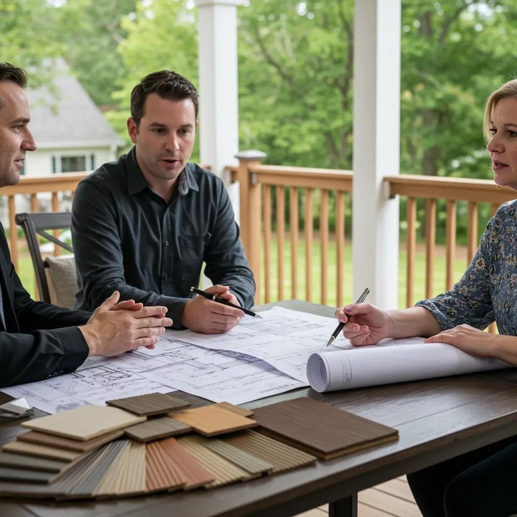 A homeowner thoughtfully interviewing a deck builder, with blueprints and material samples laid out on the table
