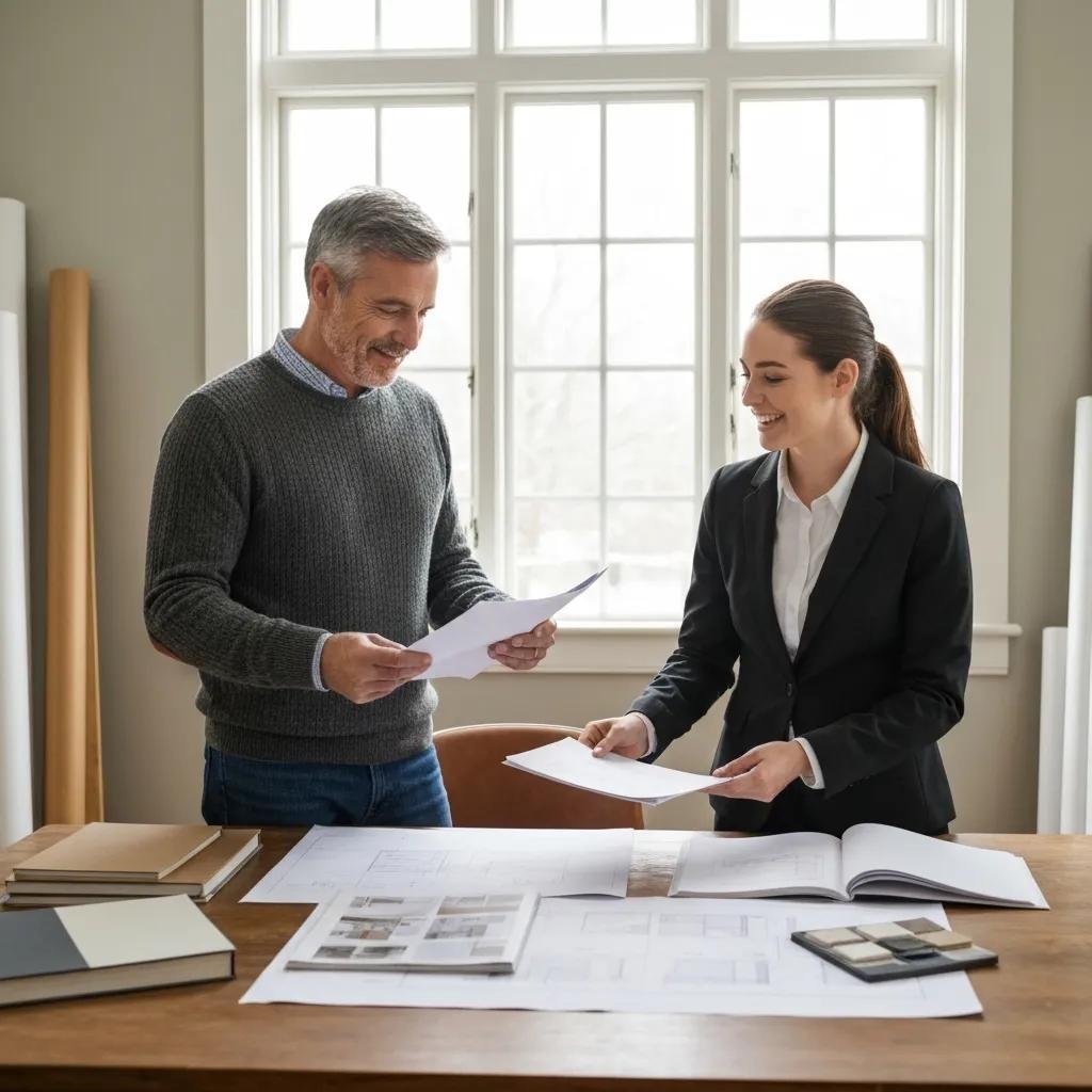 Homeowner reviewing contractor portfolios and plans during vetting