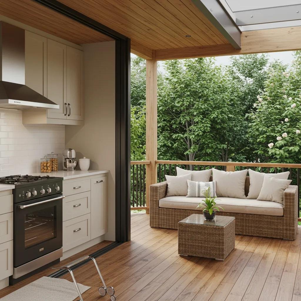 Interior and exterior remodeling showcasing a modern kitchen and an inviting outdoor deck