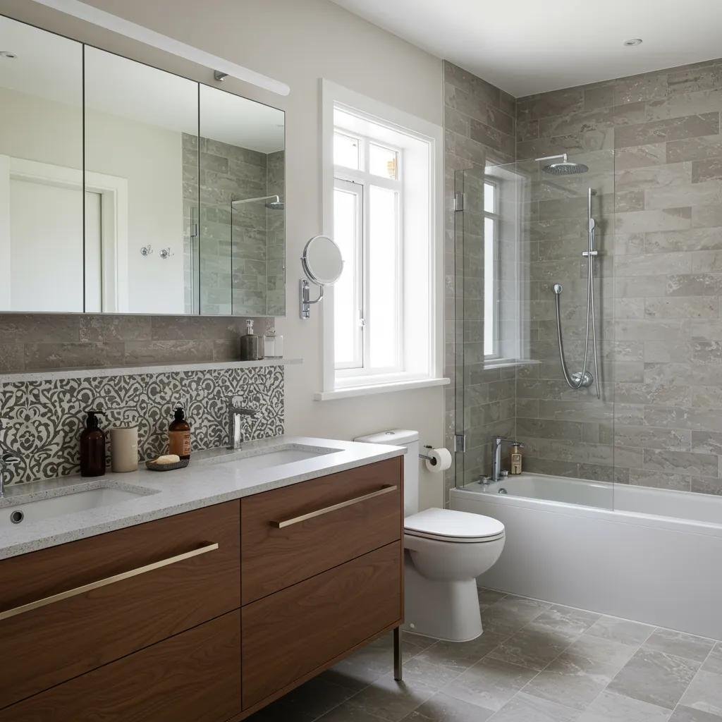 Modern bathroom renovation showcasing elegant fixtures and stylish tiles in a spacious layout