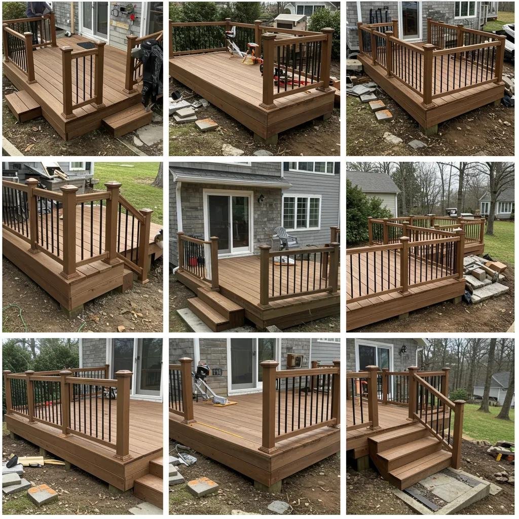 Detailed step-by-step deck building process showing initial consultation, construction phases, and final installation