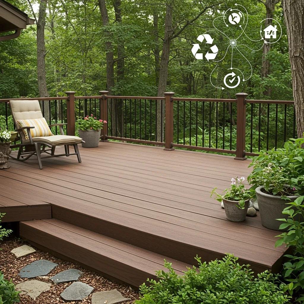 Eco-friendly decking materials in a serene natural setting, emphasizing sustainable features and recycling options