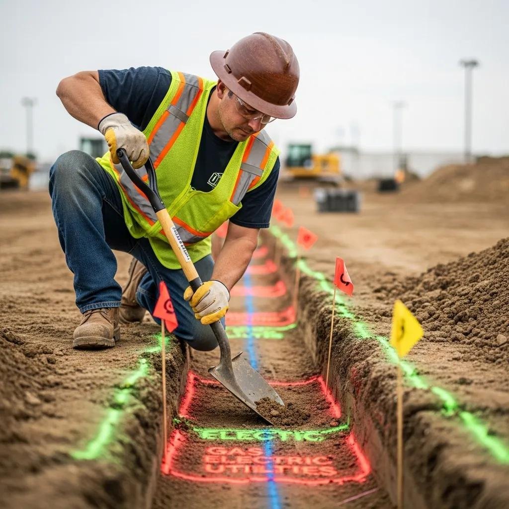 Worker digging safely near marked utility flags while wearing appropriate safety gear