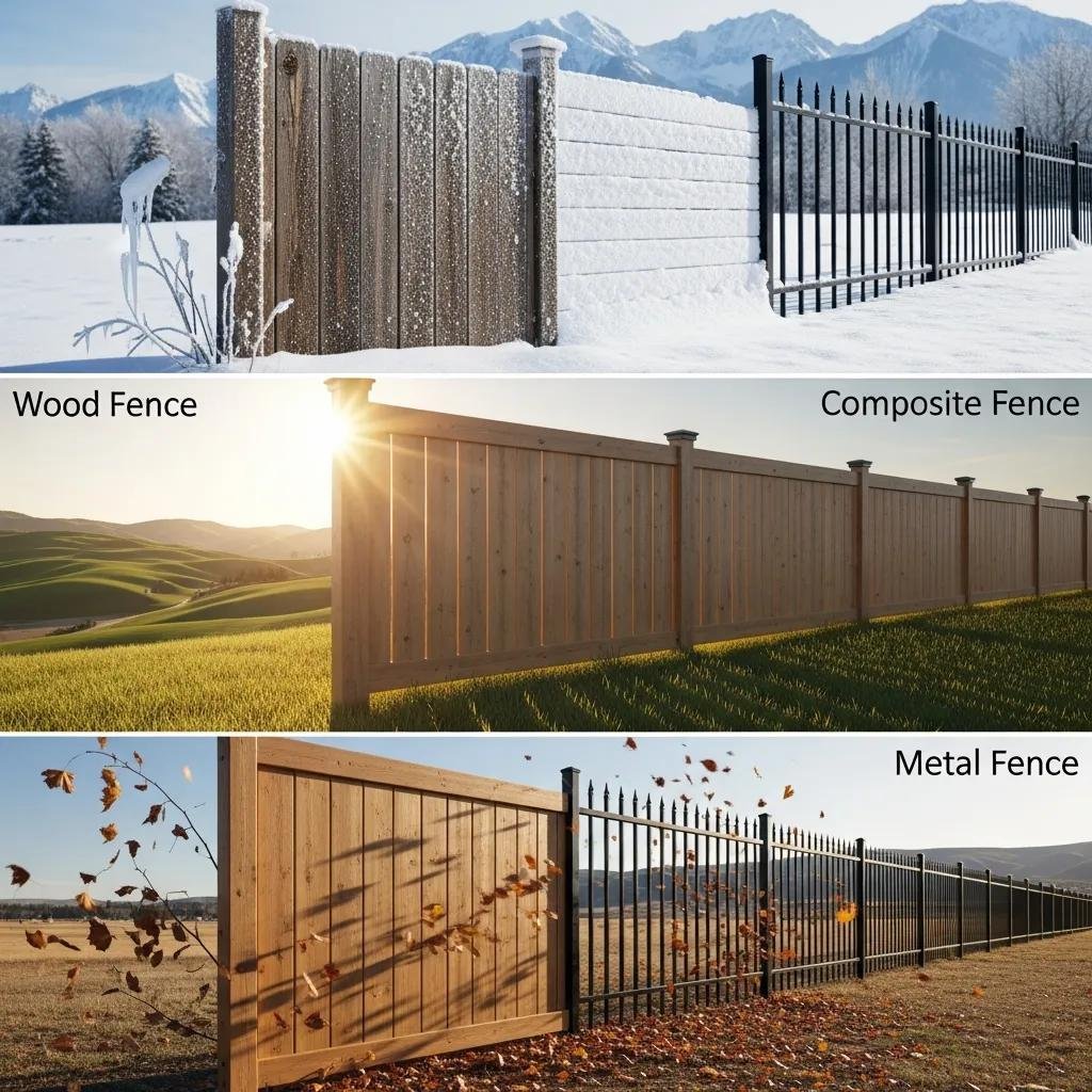Samples of fence materials showing suitability for Alberta weather