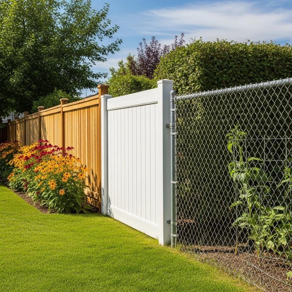 Examples of wood, vinyl and chain link fences in a Calgary yard