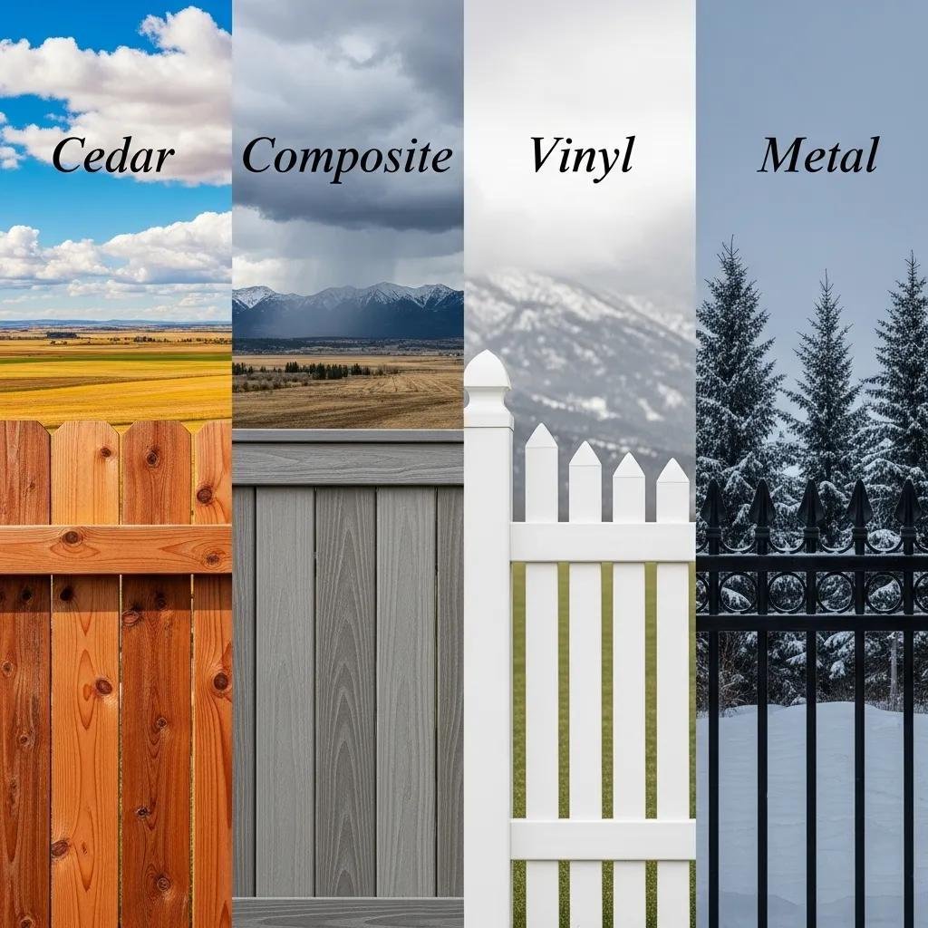 Samples of cedar, composite, vinyl and metal fence materials suitable for Calgary
