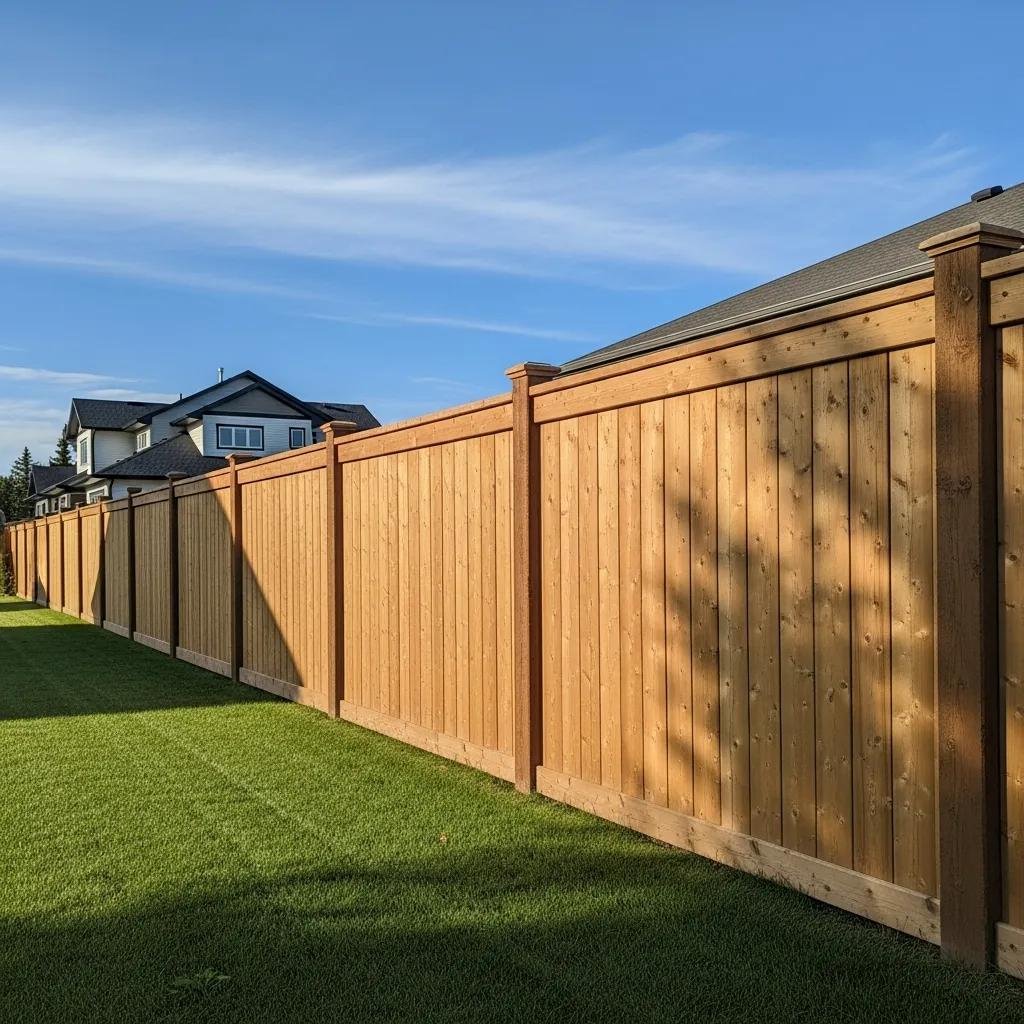 Durable wooden fence in a residential backyard in Alberta, showcasing quality construction and design